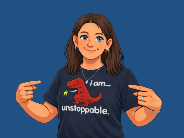 An image with a blue background that has a cartoon version of Christina.